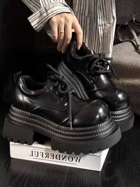 Cute Comfortable Loafers, Vintage Round Toe Thick Sole Distressed Black Leather Shoes