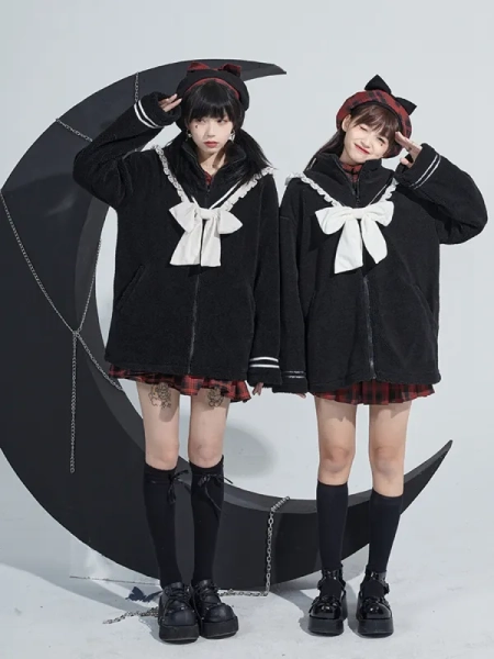 [$73.00]Black Winter Warm Coat with White Ruffles and Big Bowknot Decoration