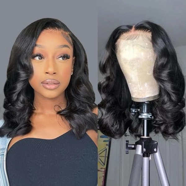 Douyin Bob Wig Human Hair 13x4 Frontal Lace Wig 14 Inch Body Wave 180% Density HD Lace Front Wigs Human Hair Pre Plucked Glueless Bob Wigs for Women Human Hair Wigs (14 inch, Natural Black)