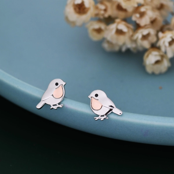 Baby Robin Bird Stud Earrings in Sterling Silver with Two Tone Finish - Partial Rose Gold Coating, British Garden Bird Earrings