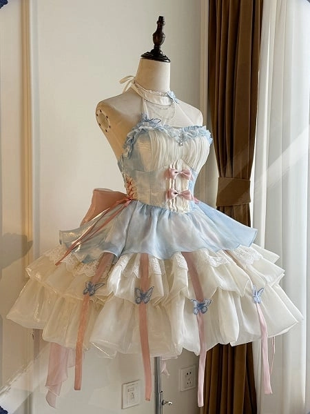 [$64.00]Beige and Blue Jumper Skirt Butterfly Princess Dress Puff Skirt Illusion/Sweetheart Neckline