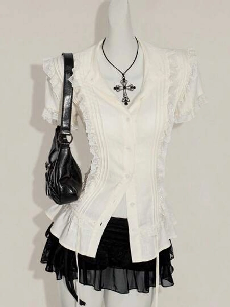 SHEIN ICON Y2k Women's Western Country Concert Boho Hippie Beige Goth Summer Casual Lace Trim Blouse