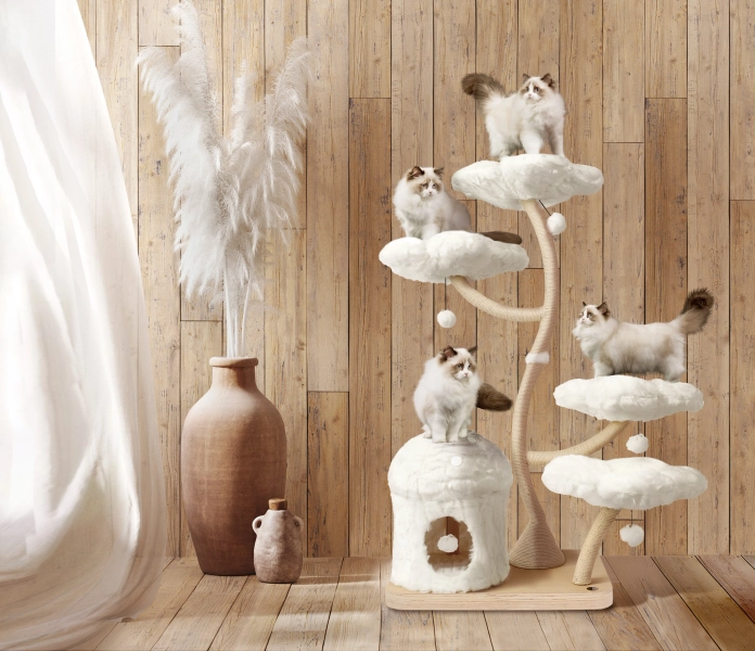 EDEN Wood Floral Cat Tree Tower, Wooden Cat Tower, Modern Cat Climbing Tree, Cat Furniture, Cat Gift, Luxury Cat Condo, Flower Cat Tree, TB
