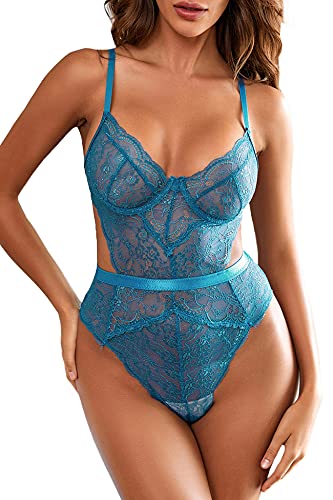 Aranmei Women Sexy Lingerie Bodysuit Lace Teddy Snap Crotch V Neck Cut Out One Piece Babydoll Underwire - Navy Blue - Medium