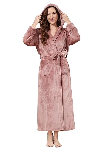Hellomamma Long Hooded Robe for Women Luxurious Flannel Fleece Full Length Bathrobe Winter Warm Pajamas Shower Nightgown - X-Large - Taupe