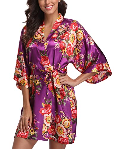 Laurel Snow Women's Floral Satin Robes Bride Bridesmaid Getting Ready Robe Short Silky Kimono Sleepwear for Wedding Party - Small - Purple