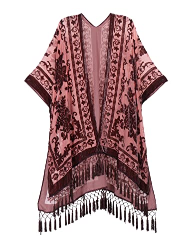 WeHello Women's Burnout Velvet Kimono Long Cardigan Cover Up Without Tassel - Choc Straw