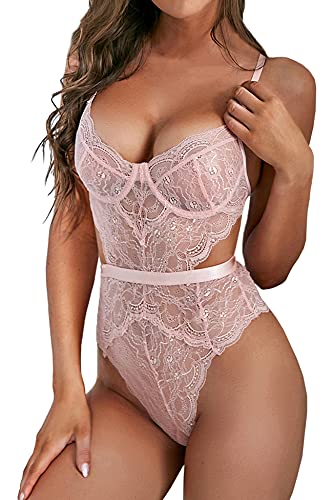 Aranmei Women Sexy Lingerie Bodysuit Lace Teddy Snap Crotch V Neck Cut Out One Piece Babydoll Underwire - Pink - Medium