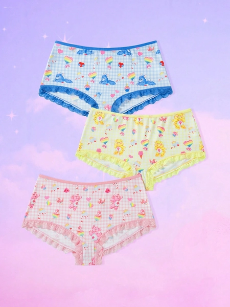 ROMWE X Care Bears Plus 3pcs Contrast Lace Bear Print Briefs