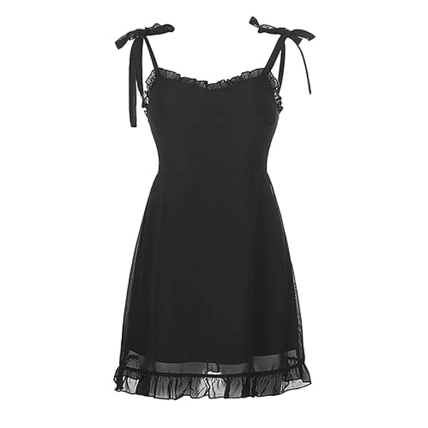 Ho.Volta Goth Dark Sweet Black Summer Mini Dresses Spaghetti Straps Sleeveless Swing Skater Dress Club Party Y2K Streetwear