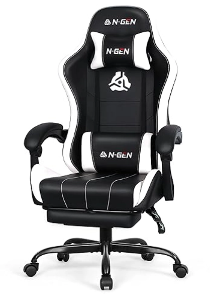 N-GEN GAMING Video Gaming Chair with Footrest High Back Ergonomic Comfortable Office Computer Desk with Lumbar Support Height Adjustable with PU Leather Recliner for Adults Women Men (White)