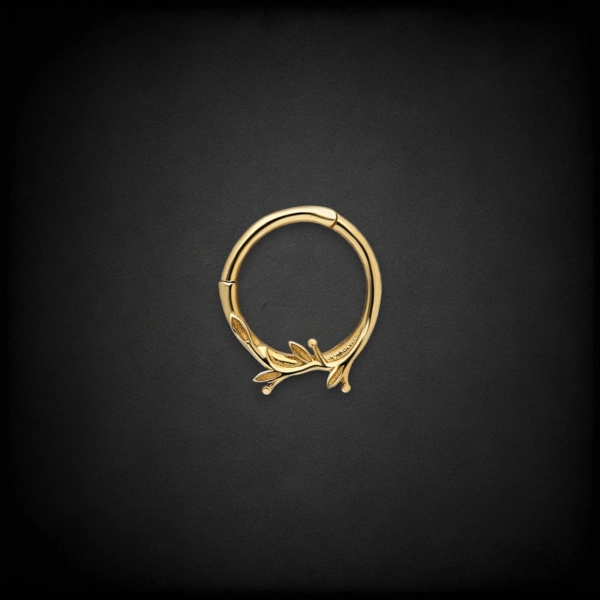 14K Solid Gold Leaf Hoop Earring Hinged Septum Daith Cartilage Ring 8mm