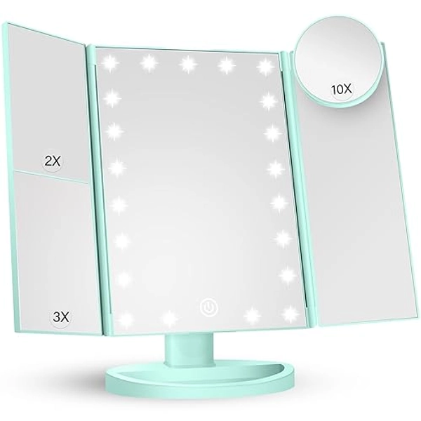 HUONUL Makeup Mirror Vanity Mirror with Lights, 2X 3X 10X Magnification, Lighted Makeup Mirror, Touch Control, Trifold Makeup Mirror, Dual Power Supply, Portable LED Makeup Mirror, Women Gift (Green)