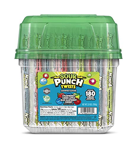 Sour Punch Twists, 6" Individually Wrapped Soft & Chewy Candy Tub, 4 Fruit Flavors, 62.4 Oz