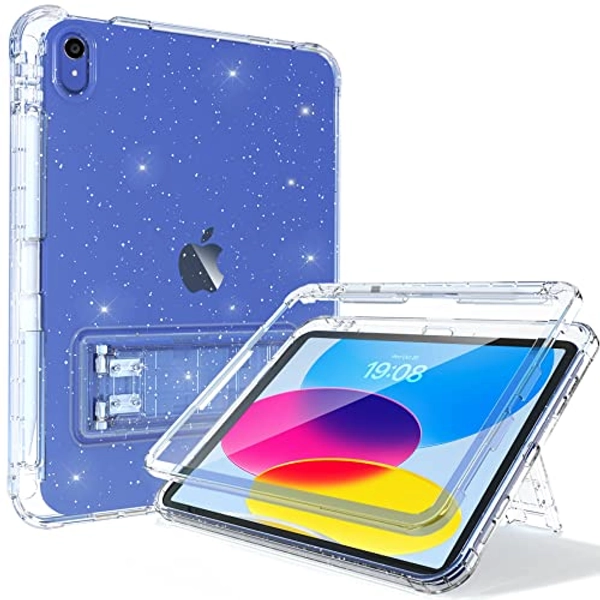 Rantice iPad 10th Generation Case with Screen Protector, Pencil Holder & Kickstand - Slim, Glittery, and Shockproof Bumper for Women and Girls, Clear Glitter