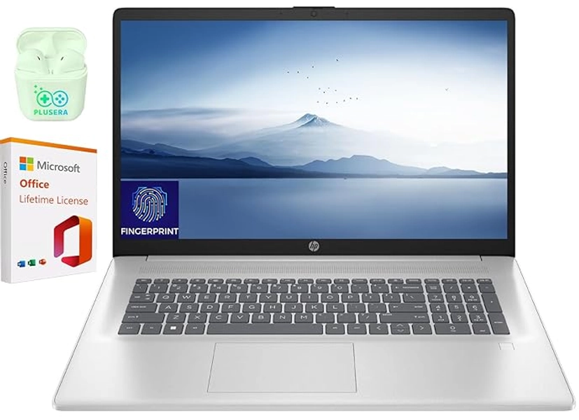 HP 17 inch Laptop, Windows 11 Home Laptop with Microsoft Office Lifetime License, Intel Core i3 8-Core Processor, 32GB RAM 1TB SSD, Fingerprint Reader, Fullsize Keyboard, Plusera Earphone, Silver