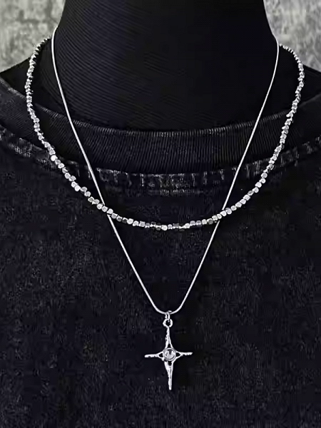 [$9.99]Silver Cross Pendant Double Layered Necklace