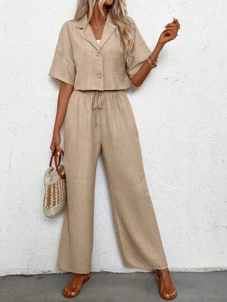 SHEIN LUNE Women's Holiday Linen Short Sleeve Shirt And Pants Set For Leisure,Ladies Casual Button,Knot Short Sleeve Loose Khaki Drop Shoulder Blouse Pants Women Two-Piece Outfits,Spring/Summer,Casual Daily Wear