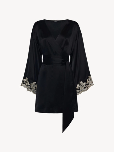 Black silk short robe with frastaglio