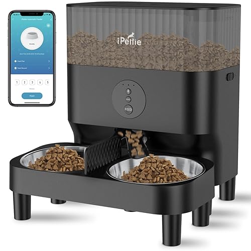 iPettie Automatic WiFi Pet Feeder for 2 Pets, 5L/21 Cup Capacity, 1-10 Meals Per Day, Adjustable Bowl Height, Smart Dog Cat Feeder with 2 Stainless Steel Bowls, Voice Recording, 2.4G WiFi App Control - Black