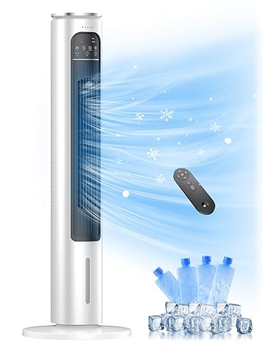 Evaporative Air Cooler, 37” Portable Air Conditioners, Swamp Cooler,4 Modes, 12H Timer, 70° Oscillating, Removable Water Tank, Ice Packs, Remote, Cooling Ac Tower Fan for Bedroom, Room, Indoor, White - White