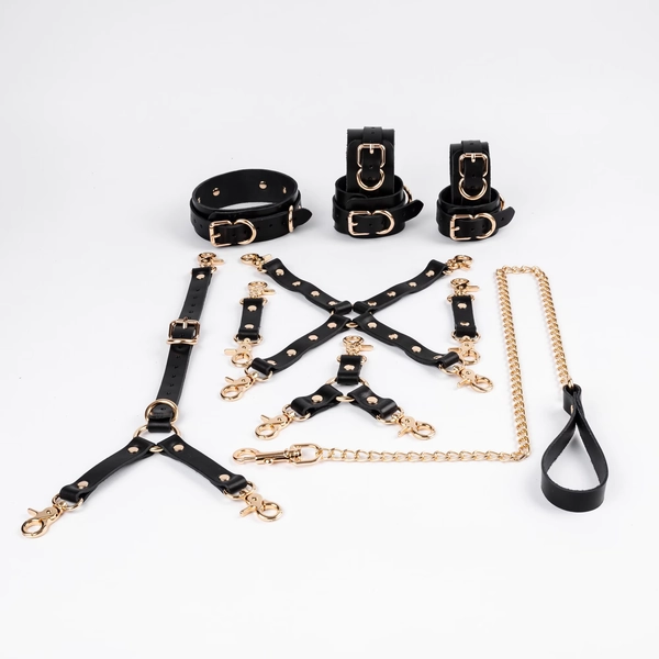 BDSM Restraint Set, Cowhide Leather Wrist, Ankle cuffs Collar back belt Restraint and Leash, two, three, four-way connector, 11 Piece kit