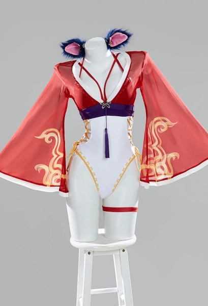 Ahri Derivative One Piece Swimsuit Cross Straps One Piece Bathing Suit with Chiffon Cover-up and Ears