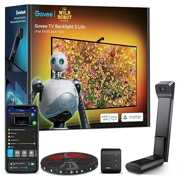 Govee TV Backlight 3 Lite with Fish-Eye Correction Function Sync to 55-65 Inch TVs, 11.8ft RGBICW Wi-Fi TV LED Backlight with Camera, 4 Colors in 1 Lamp Bead, Voice and APP Control, Adapter