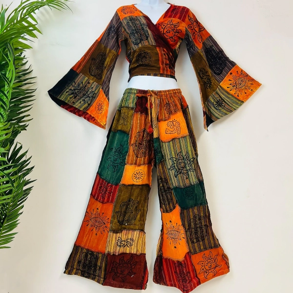 Patchwork Cotton Palazzo Pants, Wide Leg Colorful Festival Trouser, Bell Sleeve Crop Top & Pant Set, Unisex Hippie Style Summer Pant, Boho