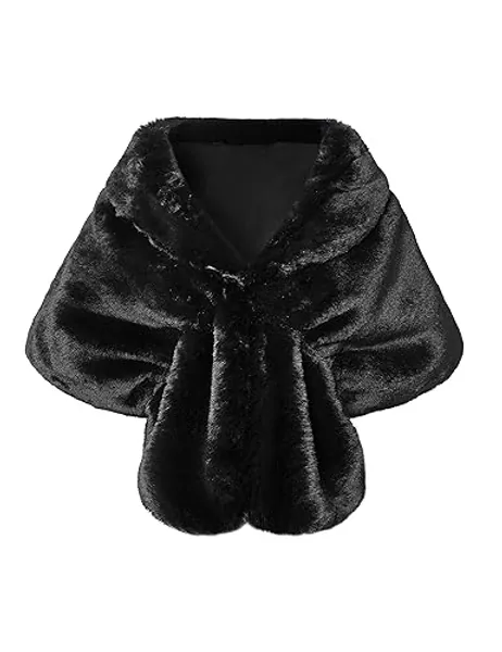 BABEYOND Womens Faux Fur Collar Shawl Faux Fur Scarf Wrap Evening Cape for Winter Coat - Black - Large