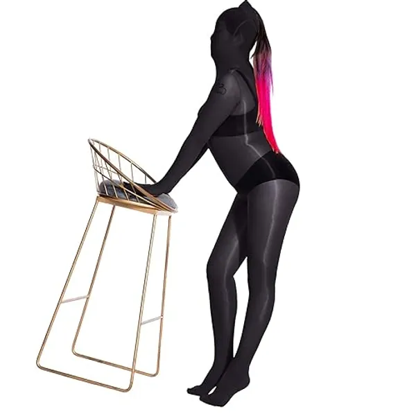 BEFASY Unisex 8D Plus Size Shiny Glossy Full Bodystocking Ultrathin Nylon Sheer Bodysuit Catsuit with Hood Gloves - Black,closed Crotch