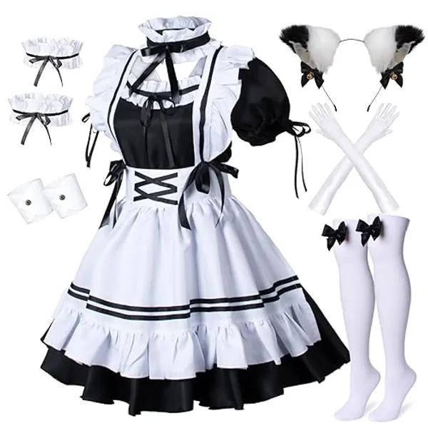 Wannsee Anime French Maid Apron Lolita Fancy Dress Cosplay Costume Furry Cat Ear Gloves Socks set(2XL) - XX-Large - Black-white