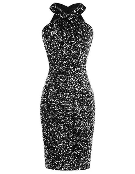 GRACE KARIN Sequin Dress for Women Sleeveless Sparkly Glitter Halter Dress Bodycon Mini Club Dresses 2024 - Black Silver - X-Large