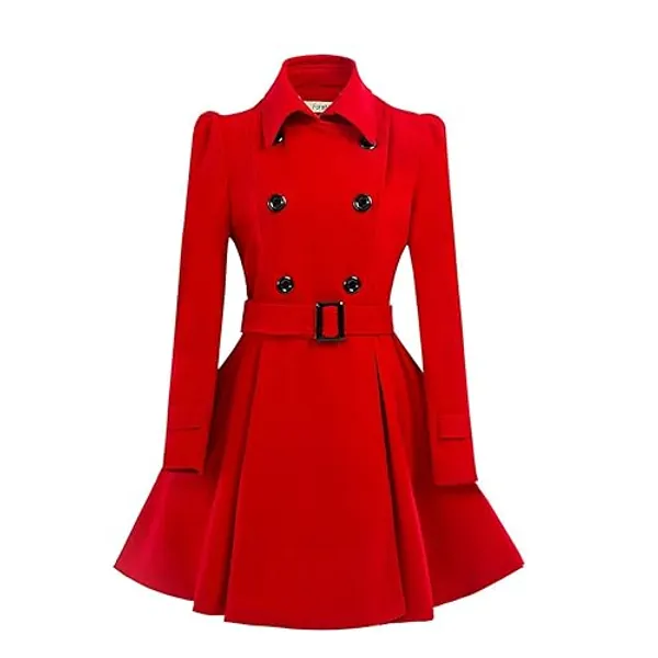 ForeMode Women Swing Double Breasted Wool Pea Coat with Belt Buckle Spring Mid-Long Long Sleeve Lapel Dresses Outwear - X-Large - Red