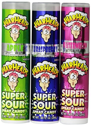 Warheads Super Sour Spray Candy Watermelon Cherry Green Apple Blue Raspberry Variety Pack, 0.68 Fl Oz (Pack of 12), by Impact Confections - watermelon - 0.68 Fl Oz (Pack of 12)