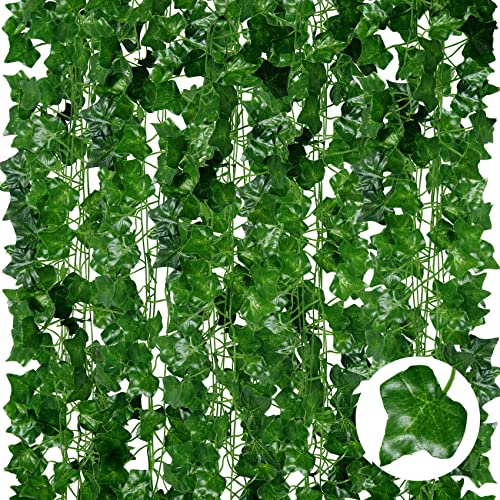 ADORAMOUR Artificial Ivy Garlands - 24Pack 210cm Length - Realistic Fake Vines for Room Aesthetic and Garden Wall Decoration for Indoor Outdoor, Green Faux Leaves Plastic Hanging Plants Greenery Decor - 210cm*24