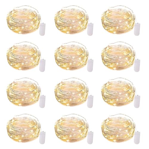 12 Pack Led Fairy Lights Battery Operated String Lights Waterproof Silver Wire 7 Feet 20 Led Firefly Starry Moon Lights for DIY Wedding Party Bedroom Patio Christmas (Warm White) - Warm White - 12 Pack