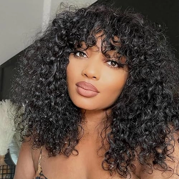 Curly Bob Wig With Bangs 14 Pouces Perruque Frange Cheveux Humain Bouclée Perruque Sans Colle Glueless Wig Human Hair Perruque Femme Naturelle Brésilien Avec Frange Bouclee Cheveux Humain Courts