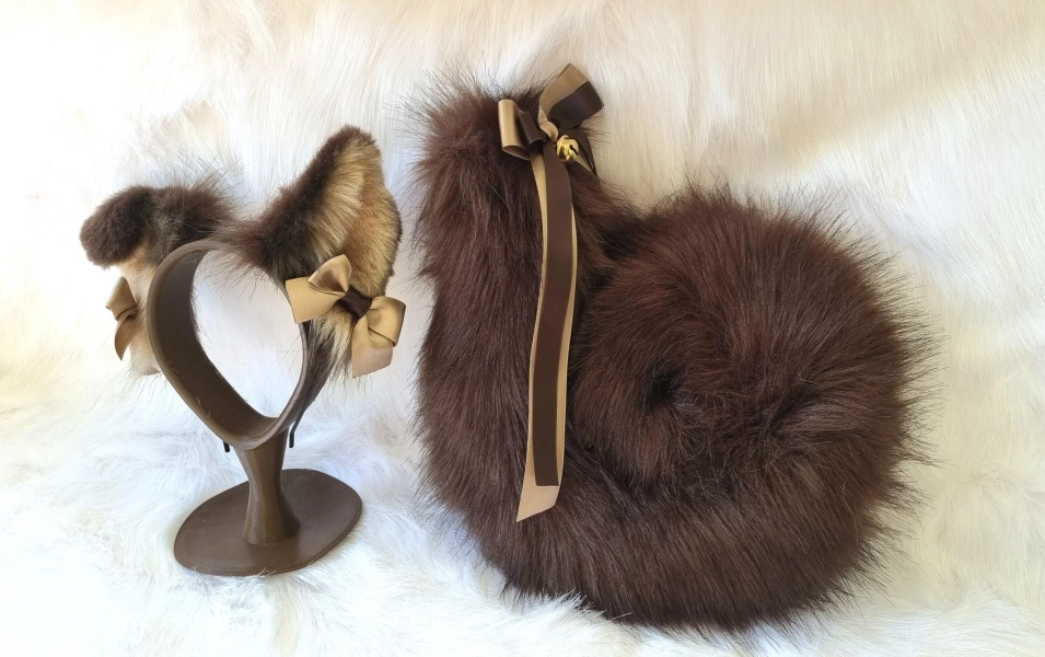 Brown Puppy Ears & Curled Tail Set â Fluffy Dog Costume Accessories with Beige Bows â Inspired by Pomeranian, Shiba Inu, Akita, Husky
