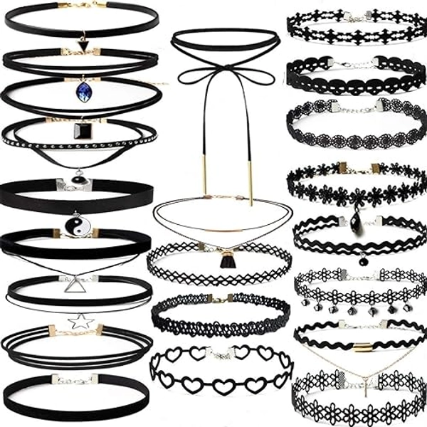 YOKER 22 Pcs Necklaces Black Velvet Choker Set for Womens Velvet Choker Set Classic Gothic Tattoo Lace Chokers Adjustable for Party Cosplay Christmas Birthday