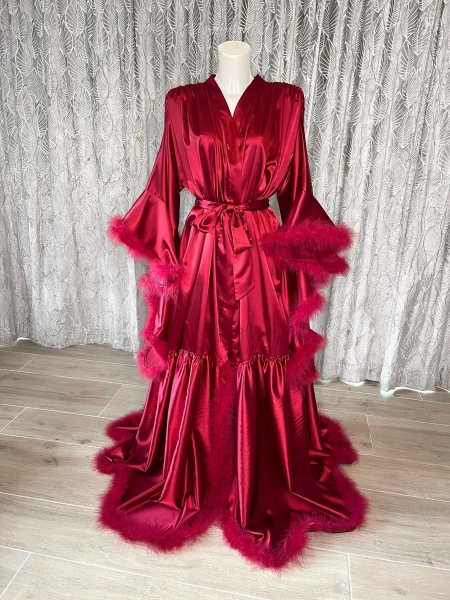 Long Crimson Red Feather High Quailty Satin Vintage Hollywood Inspired Robe, Bridal, Wedding Photoshoot Ready, Feather Trim, Boudoir Robe