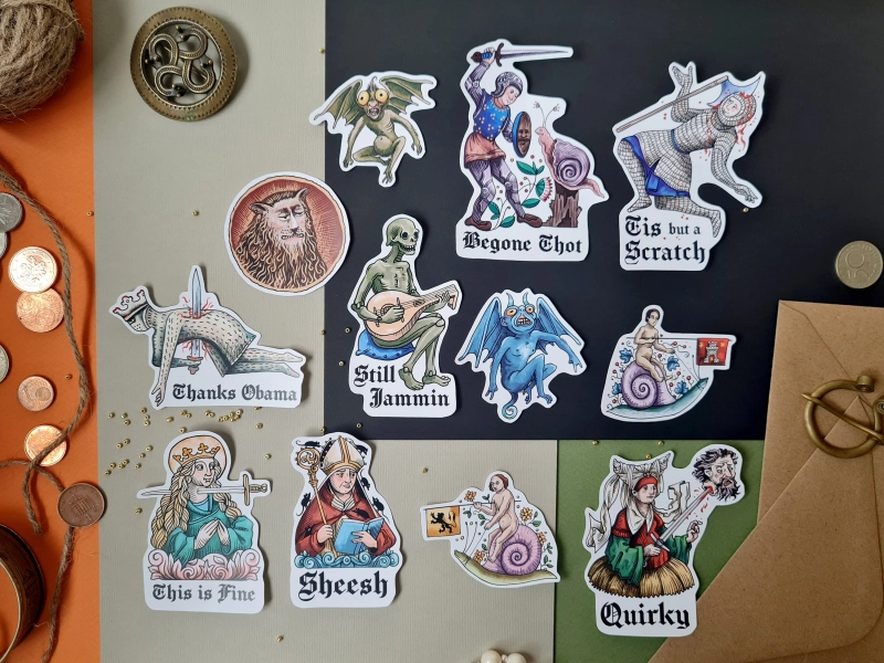 Various hand drawn Medieval art vinyl stickers with funny meme quotes