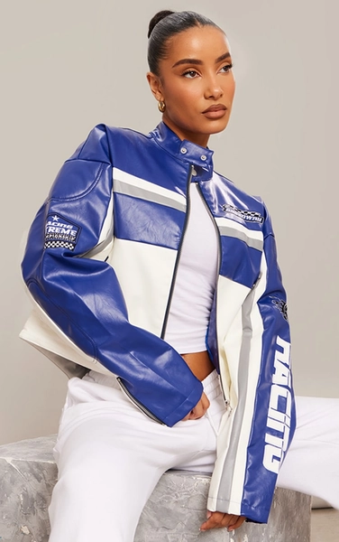 Blue Faux Leather Contrast Panel Quilted Detail Motocross Jacket