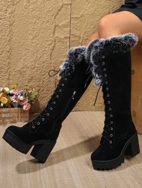 Plus Size Dames Dikke Fluffy Gevoerde Hoge Hak Kniehoge Laarzen, Fuzzy Vetersluiting Warme Winter Rijlaarzen