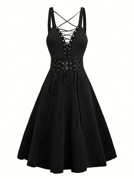 Flirla Vestido de talla grande de estilo gótico con tirantes cruzados