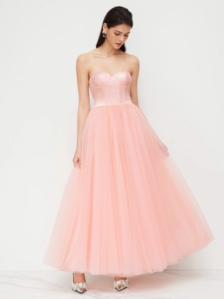Tube Lace Up Corset Tulle Maxi Dress