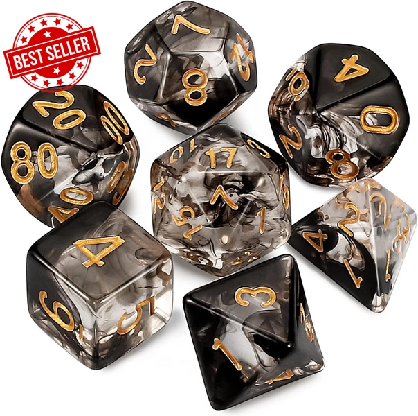 DND Polyhedral Dice Set with Bag for Dungeons Dragons RPG MTG (Black Swirls)