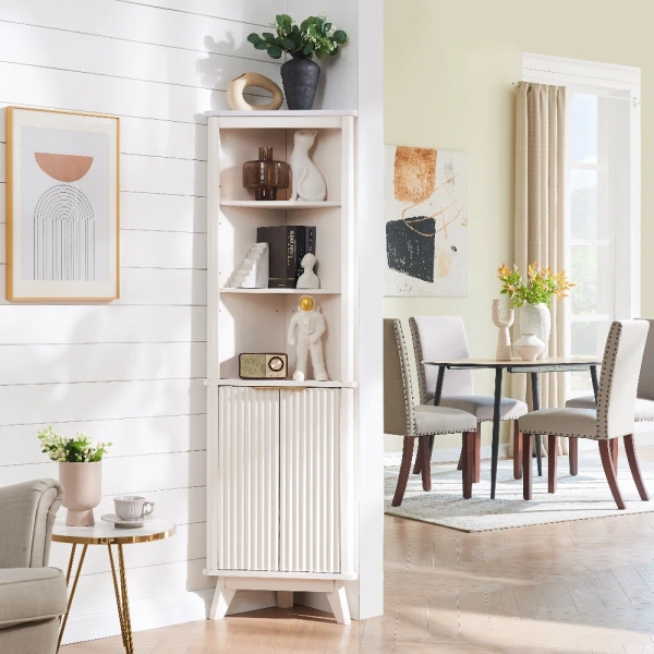 Freestanding Tall Corner Cabinet, Corner Bathroom Storage Cabinet Adjustable Shelf, Display Cabinet