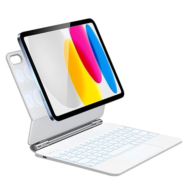 HOU Tastatur mit Trackpad für iPad 10(A2696/A2777/A2757), Magnetischer Ständer, 7-farbige Hintergrundbeleuchtung, iPad 10. Generation 2022 Hülle mit Tastatur, QWERTZ Layout, Weiß