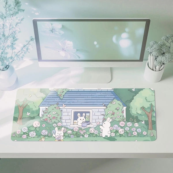 Cozy Green Desk Mat Kawaii Bunny Mouse Pad Pastel Decor Cute Animal Desk Accessory Large Gaming Desk Mat Cute Gift for Gamer
